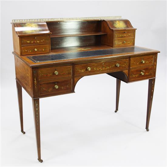 A Sheraton Revival mahogany and painted writing desk, W.3ft 9in.